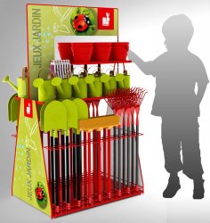 Présentoir animalerie et jardin en métal pour outil jardinage enfants JURATOYS